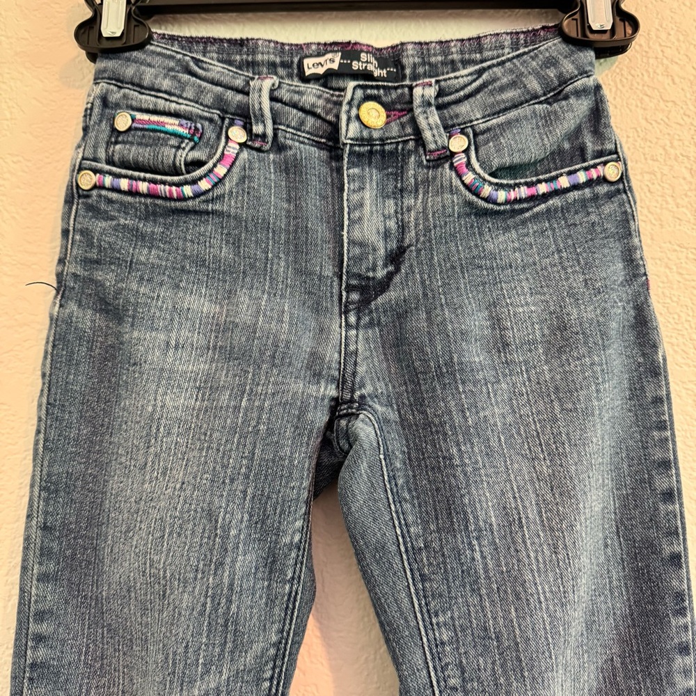 Levi's Blue Distressed Straight-Leg Jeans With Adjustable Waist and Embroidery. - Picture 2 of 13